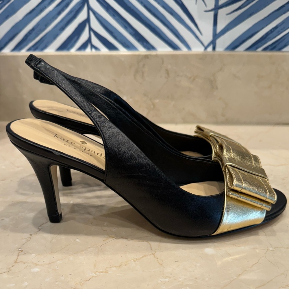 Kate Spade black Nappa/Gold kid leather slingback heels. NWT Size 7.5